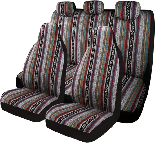 Vista 9 de PONYJOYUP Baja Saddle Blanket - Fundas de asiento de automóvil, 4 piezas delanteras, transpirables y lavables, tejido a rayas, funda de asiento