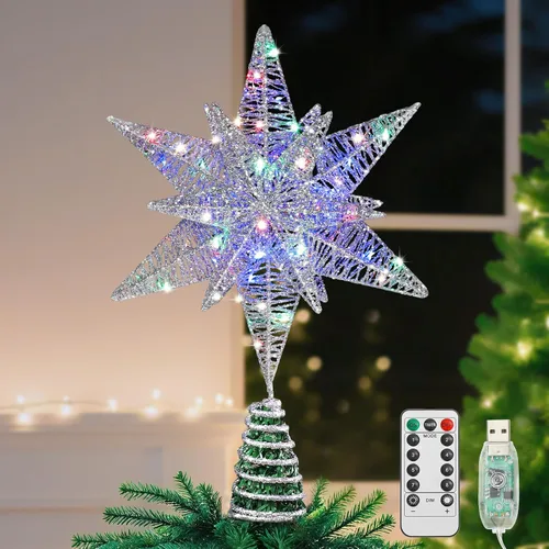 Vista 12 de Lewondr - Estrella para punta de árbol de Navidad de 15.35 pulgadas, 20 luces LED, USB y control remoto, diseño de estrella de Belén Polaris