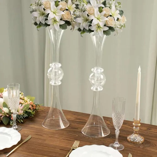 Vista 6 de Efavormart - Juego de 2 centros de mesa de trompeta con adornos de cristal transparente de 31 pulgadas, jarrón reversible de plástico para flores