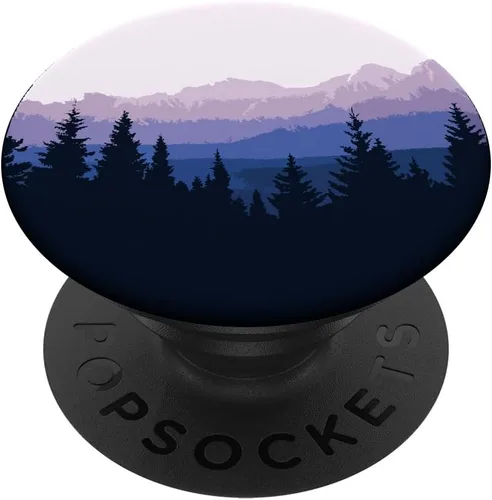 Silueta de montaña con diseño de escena de bosque – PopSockets agarre y soporte para teléfonos y tabletas, Negro