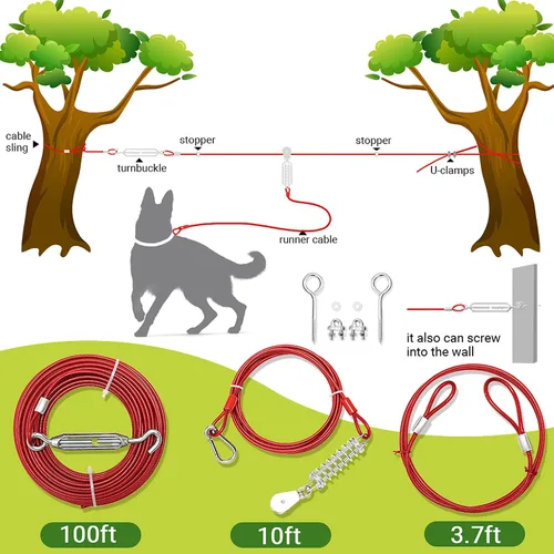 Vista 3 de Cable de amarre para perros, cable de 100 pies de largo para perro con cable de carrera de 10 pies para entrenamiento en el patio, correr, acampar