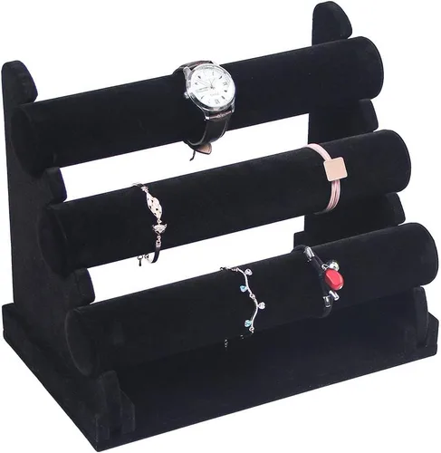Coward Organizador de pulseras de 3 niveles, soporte de terciopelo beige para banda para el pelo, organizador de reloj y coletero (terciopelo negro)