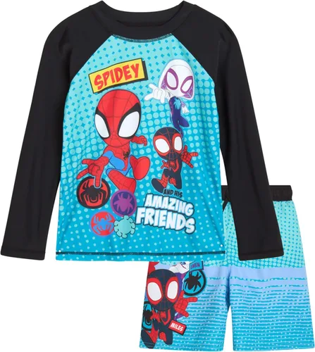 Marvel Boys Rash Guard Set - 2 Piece Spiderman Spidey & His Amazing Friends UPF50+ Swim Shirt & Swim Trunks for Boys (2T-12)