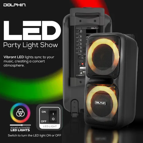 Vista 8 de Altavoz de Fiesta Dolphin SP-2080RBT Dual de 8 Pulgadas de Alta Potencia Portátil Bluetooth, Micrófono Inalámbrico, Bajo Profundo, Luces LED