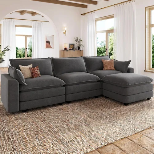 Sofá de nube en forma de L de 118 pulgadas, sofá modular de gran tamaño con otomana móvil, cómodo sofá de felpilla de 4 plazas con asiento profundo