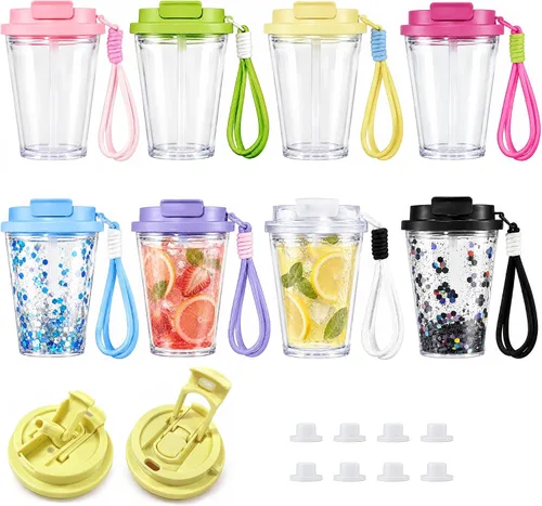 Vista 10 de Paquete de 8 vasos acrílicos de 16 onzas con popote 2 en 1 y tapa Colorc