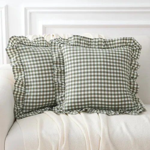 Vista 64 de Paquete de 2 fundas de almohada europeas a cuadros azul polvoriento, blanco, a cuadros, 100% algodón lavado, a cuadros, estilo francés, rústico
