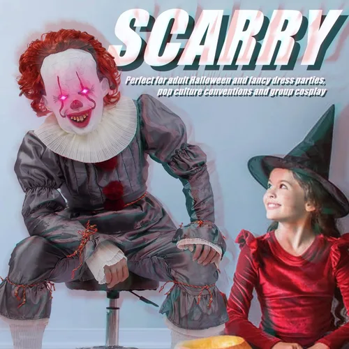 Vista 6 de Vukrtuo Disfraz de payaso IT, disfraz de Halloween para adultos con máscara de payaso LED.