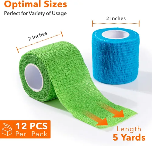 Vista 2 de Vendaje autoadhesivo de 2 pulgadas x 5 yardas, paquete de 12 vendajes cohesivos multicolores, envoltura veterinaria no tejida para perros