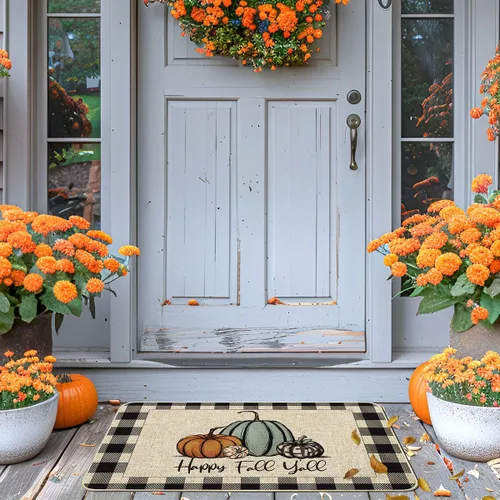 Vista 6 de Felpudo "Happy Fall Y'all" de otoño con diseño de calabaza a cuadros de búfalo, alfombras de pasillo de granja de otoño, tapete de piso de entrada