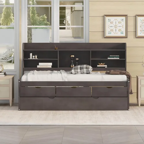 Vista 84 de Quarte Elegante cama de plataforma con estanterías en forma de L, cama de plataforma de madera tamaño individual con 2 cajones de almacenamiento