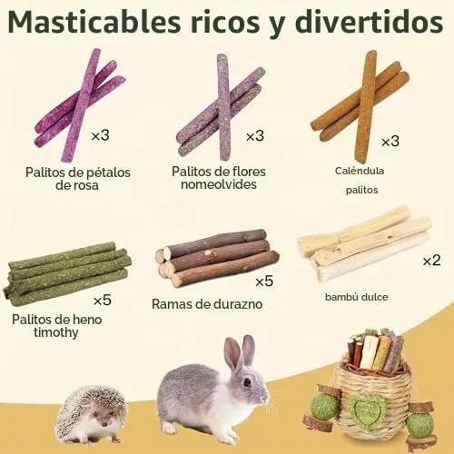 Vista 2 de Jorewood Juguetes masticables para conejos, cesta colgante natural con bambú dulce, heno Timothy, palitos de melocotón para conejos, chinchillas