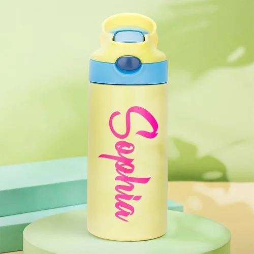 Vista 8 de Botellas de agua personalizadas para niños, botella de agua de 12 onzas con nombre personalizado con popote y asa, botella de agua reutilizable