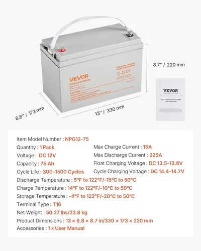 Vista 7 de VEVOR Batería de ciclo profundo de 12 V 75 Ah, tecnología AGM sellada, batería AGM de plomo recargable, repuesto de respaldo para scooters, silla