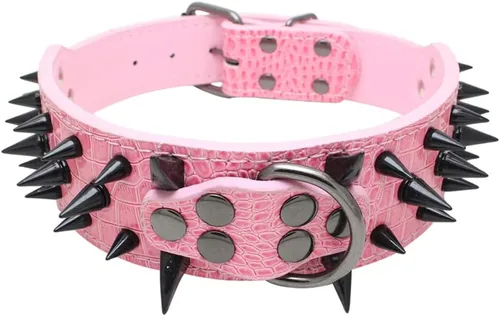 Vista 17 de Collar de perro con remaches de puyas afiladas 2 pulgadas de ancho, collares de cuero con estilo para perros medianos y grandes, Pitbull, Labrador