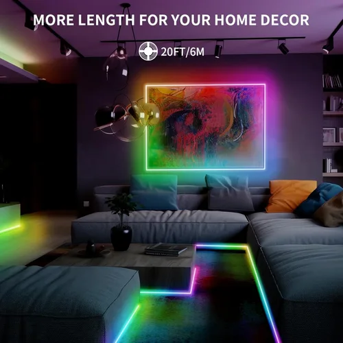 Vista 6 de Tira de luces LED de 20 pies COB Smart IC, luces LED RGB de 24V para dormitorio con control remoto RF, botón de aplicación inteligente