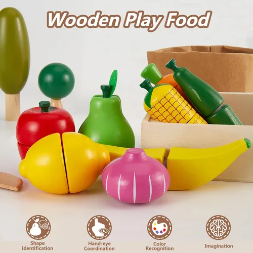 Vista 4 de HERSITY Juego de alimentos de madera para cortar frutas y verduras, juguetes para niños pequeños de 1 a 3 años, accesorios de cocina de simulación
