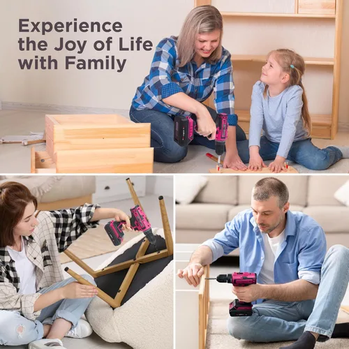 Vista 6 de Juego de taladro inalámbrico rosa de 20 V para mujer, con batería de 2.0 Ah y cargador, portabrocas sin llave de 3/8 pulgadas, herramienta