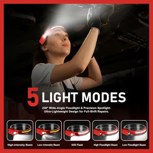 Vista 3 de Nessciera Linterna frontal LED recargable (rojo), 400 lúmenes, haz ancho de 230°, USB-C, IPX4, 5 modos, ligero, diadema ajustable; clips para casco