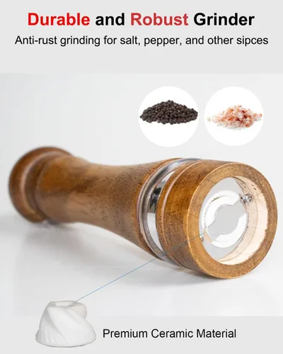 Vista 2 de Molinillo de pimienta, molinillo de sal de madera con grosor ajustable, 6 pulgadas, molinillo de pimienta manual recargable de madera para pimienta