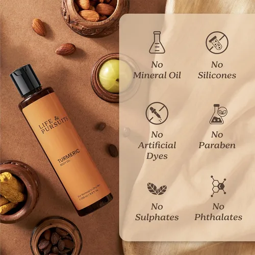 Vista 5 de Life & Pursuits Aceite corporal de cúrcuma – Aceite de masaje corporal natural ayurvédico con vitamina E, aceite de coco, almendra y escualano