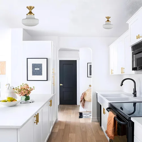 Vista 6 de CLAXY Lámpara de techo moderna dorada para colegio, montaje semiempotrado, lámpara de vidrio de leche acanalada para pasillo, entrada, dormitorio