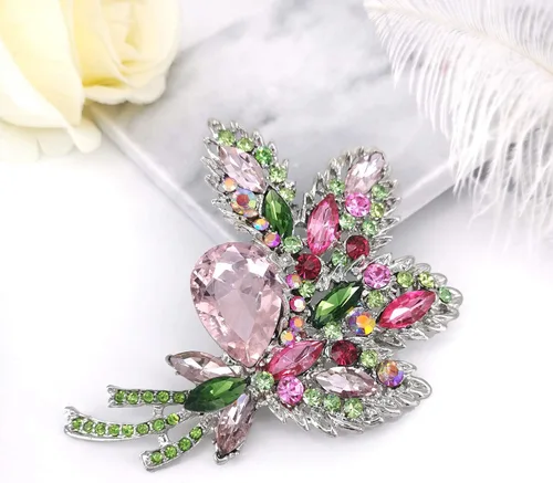 Vista 5 de YOQUCOL Broche grande grande con forma de hoja de cristal austriaco, ramo de diamantes de imitación, decoración de bufanda, corona, broches, broches