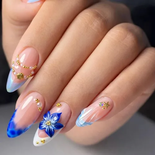 Vista 20 de Uñas postizas largas a presión con forma de almendra, color azul Seeneey