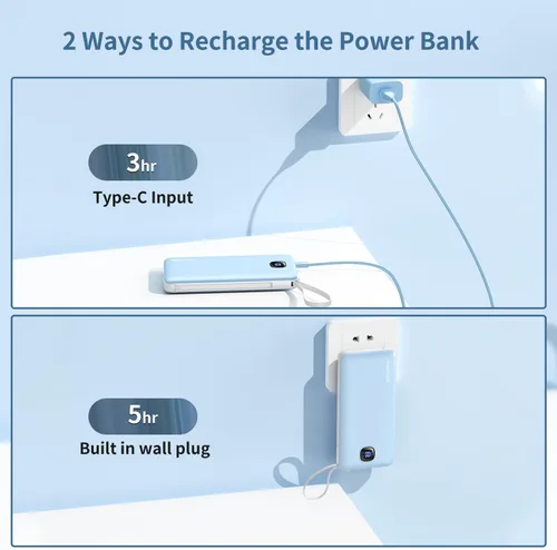 Vista 4 de penaover - Cargador portátil con cables integrados y enchufe de pared AC, batería externa de 10000 mAh delgada, carga rápida de 22.5 W, 5 salidas, 2