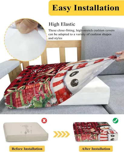 Vista 5 de Christmas Couch Cushion Covers, Stretch Sofa Cover with Elastic Bottom, Xmas Snowman Birds Winter Snowflake Red Black Plaid Sofa Slipcovers