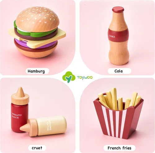Vista 3 de Juego de comida de madera para niños, juego de hamburguesas de juguete de comida rápida, accesorios de cocina para niños pequeños, regalo de comida