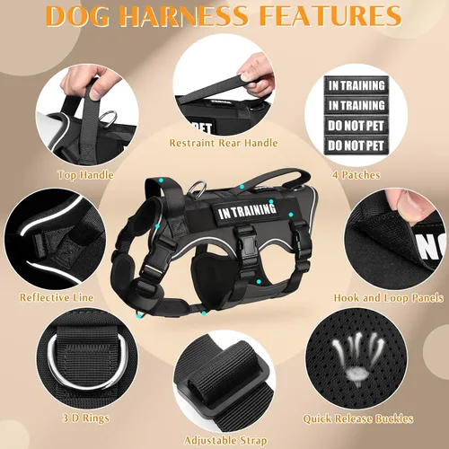 Vista 7 de WINSEE - Arnés para perro a prueba de fugas, arnés Molle de servicio y trabajo con doble asa, chaleco táctico para mascotas con 4 parches para Negro