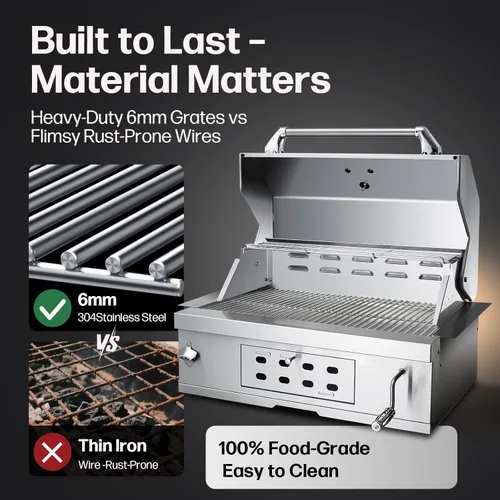 Vista 3 de Gran parrilla de carbón incorporada, parrillas de carbón con bandeja elevable, capucha aislada y medidor de temperatura, parrilla de barbacoa