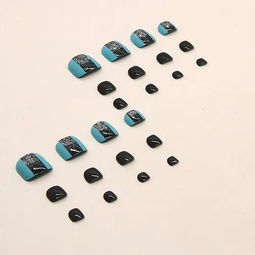 Vista 4 de Uñas cortas a presión, uñas postizas de acrílico brillante con forma cuadrada con diseño de purpurina plateada, cobertura completa, uñas postizas