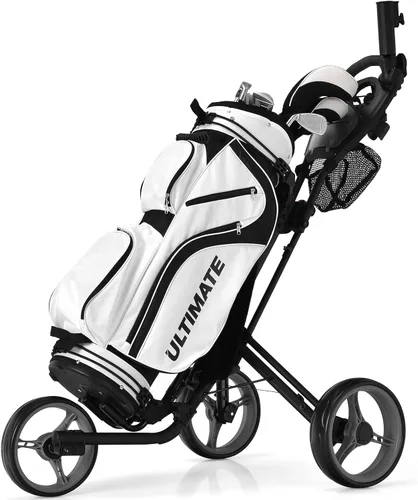 Vista 9 de Tangkula Carrito de golf de empuje, carrito de golf plegable de aluminio ligero de 3 ruedas, carrito de golf con bolsa de almacenamiento y soporte