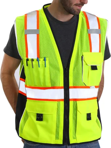 Vista 7 de Dib Safety Chaleco reflectante de malla negra, chaleco de alta visibilidad con bolsillos y cremallera, resistente, fabricado con cinta reflectante