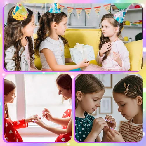 Vista 6 de Uñas postizas a presión para niñas - Juego de arte de uñas con estampado de corazones y flores, uñas postizas cortas, uñas artificiales de cubierta