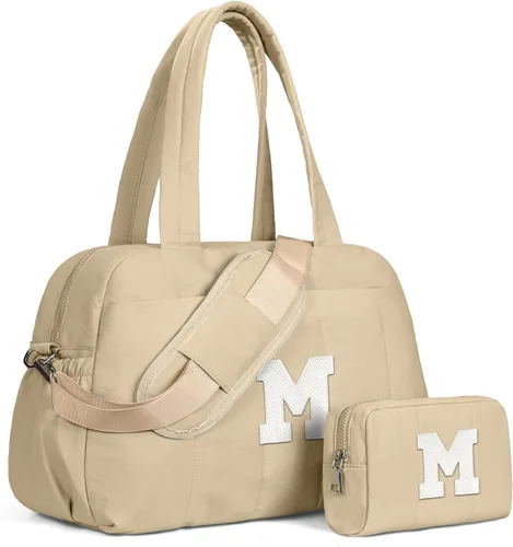 Vista 90 de Bolsa de lona Vogewood, bolsas personalizadas de fin de semana para mujer, bolsas de viaje con estuche de maquillaje, regalos de cumpleaños, Beige