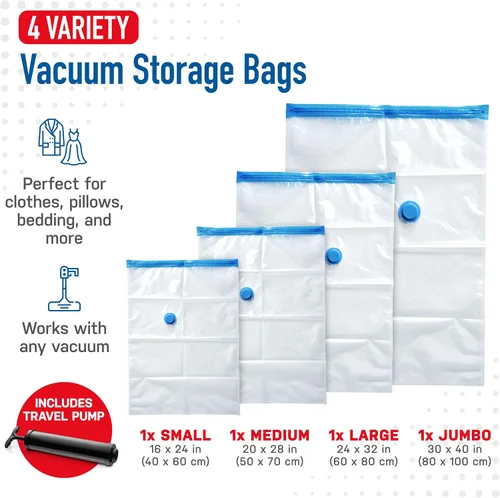 Vista 3 de Paquete de 4 bolsas de almacenamiento al vacío para edredones, mantas y ropa, bolsas de compresión selladas al vacío con bomba de mano, bolsas
