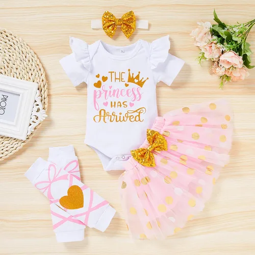 Vista 2 de Conjunto de ropa para bebé recién nacida con estampado de letras, falda tutú, diadema, calentador de leggings, ropa para llegar a casa