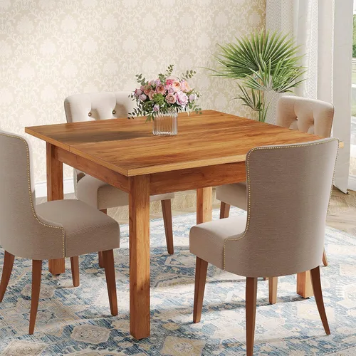 Vista 2 de Mesa de comedor de madera Tribesigns, mesa de cocina de estilo granja para sala de estar, mesa cuadrada para 4 personas con patas de madera, marrón