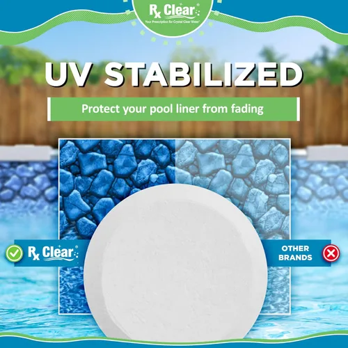 Vista 5 de Rx Clear Tabletas de cloro de 1 pulgada 5 libras Usar tabletas como bactericida, algicida y desinfectante en piscinas Estabilizadas, de larga