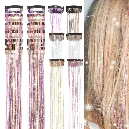 Vista 17 de Clip de oropel para el cabello, kit de 18 piezas de oropel para niñas, extensiones de cabello de oropel con purpurina, clip de oropel de cabello