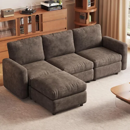 Vista 35 de Guyii Sofá modular de terciopelo, moderno sofá de 4 plazas de gran tamaño con 3 almohadas y reposapiés de almacenamiento, sofá convertible de 115.74