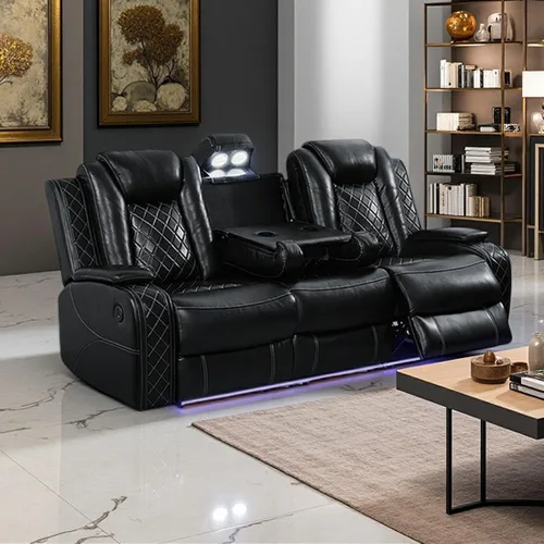 Vista 9 de Juego de muebles de sala de estar, juego de sofá reclinable eléctrico con luz LED, sofá de cuero negro y 2 sillas, modernos juegos reclinables