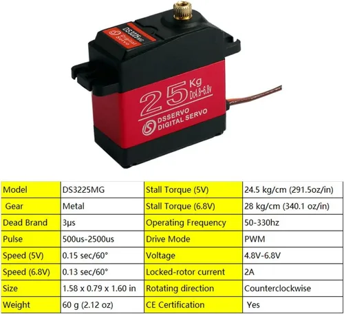 Vista 7 de 4 piezas DS3225 55.1 lbs Digital Rc Servo, alto par de torsión impermeable completo engranaje de metal RC DS servo motor con servo brazo 25T