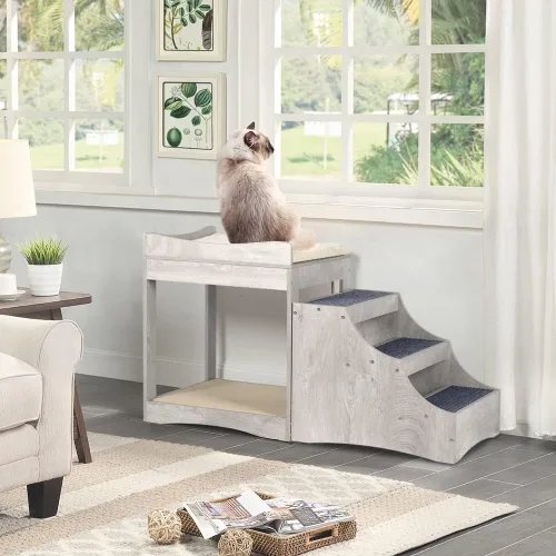 Vista 2 de unipaws Litera para mascotas con escalón extraíble para perros y gatos, cama de varios niveles con percha de ventana, plataforma de asiento