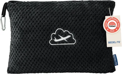 BEDELITE - Manta de viaje con bolsa, manta de forro polar jacquard de 65 x 40 pulgadas, color negro | Ultra-soft Airplane Blanket, Luggage Sleeve &