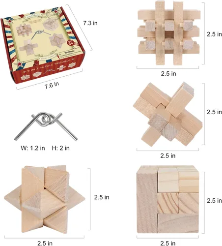 Vista 2 de Rompecabezas de rompecabezas para el cerebro, desafía tu mente con 5 rompecabezas para niños y adultos, juegos de coeficiente intelectual de metal
