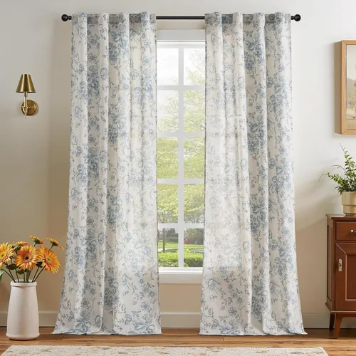 Vista 65 de JINCHAN Cortinas de mezcla de lino con flores para sala de campo francés, cortinas para sala de estar de 84 pulgadas de largo, cortinas impresas